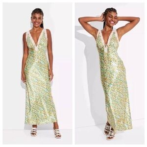 Wild Fable Satin Lace Trim Midi Slip Dress